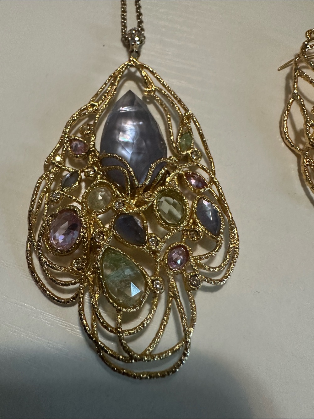 Gold Filigree Necklace, Earrings & Cuff Set with Lavender and Pale Green Stones